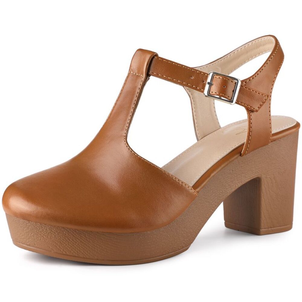 Platform T-Strap Clog Chunky Heels Brown Sandals